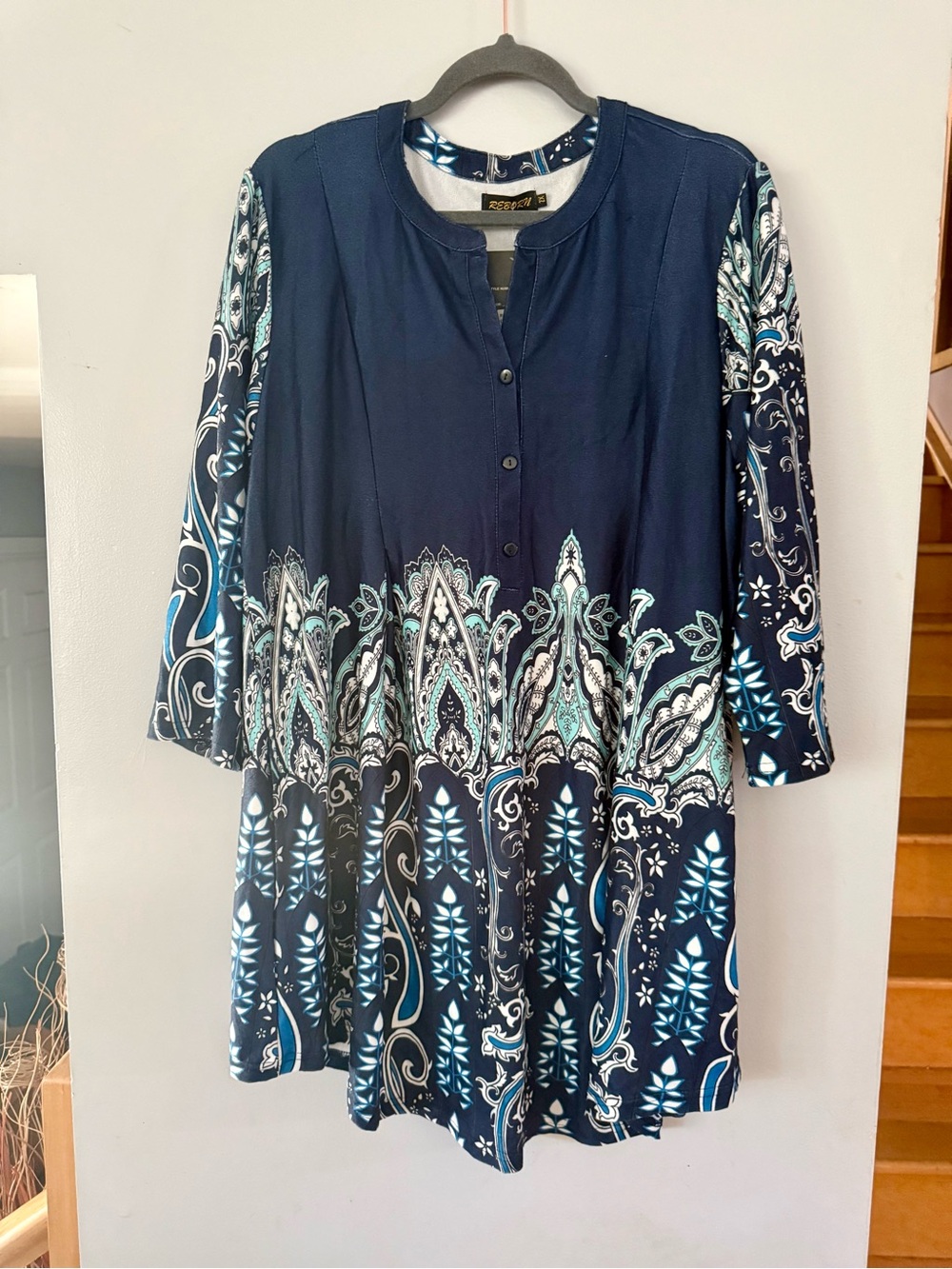 Reborn Navy Paisley Boho Henley Tunic Dress Sz 2X